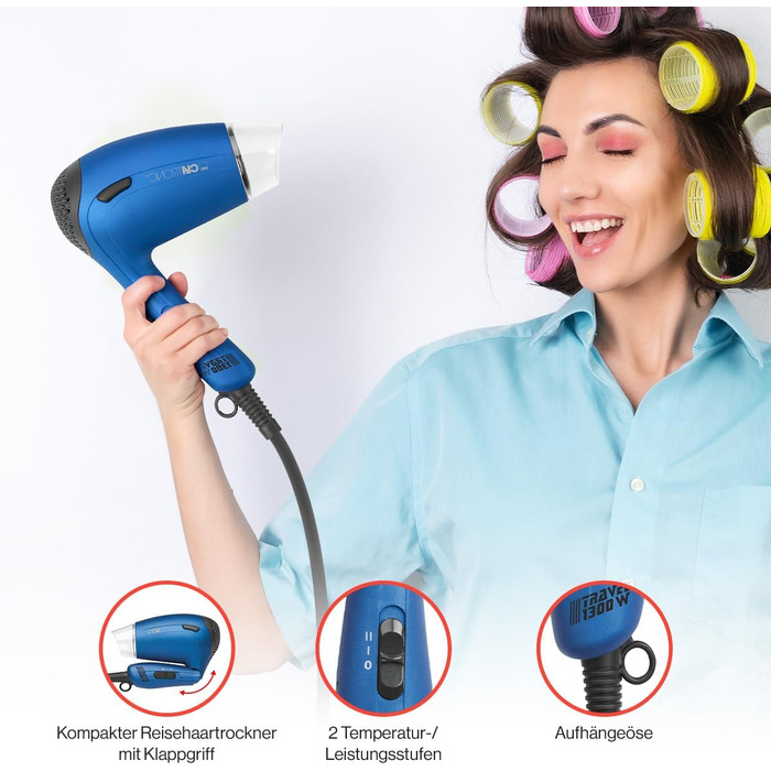 Компактний дорожній фен Clatronic HTD 3429, 1200 Вт, з дифузором та сумкою, двоступеневий, перемикач напруги 110/230В, синій