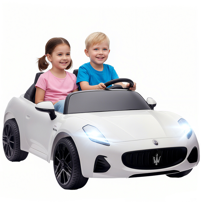 Дитячий електромобіль Maserati, 2 місця, акумулятор 12V, пульт дистанційного керування, світлодіодні вогні, музична панель, білий