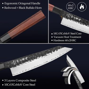 Професійний японський ніж Kiritsuke HEZHEN 21,5 см, кухонний ніж із 3-шарової дамаської сталі з восьмигранною ручкою з червоного дерева та дерев'яним чохлом