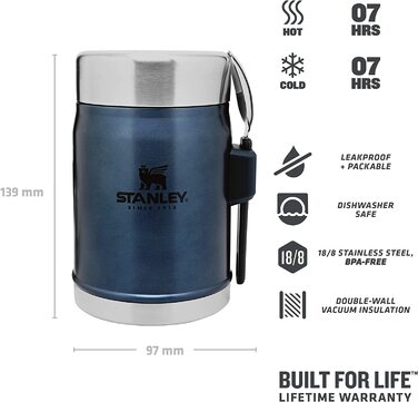 Термос для їжі Stanley Classic Legendary 400 мл з ложкою-виделкою, тримає тепло або холод до 7 годин, нержавіюча сталь, BPA-Free, можна мити в посудомийній машині, колір Nightfall