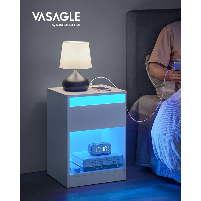 VASAGLE приліжковий столик з регульованим LED-підсвічуванням, розетками, USB, шухлядою, сучасний, для спальні та вітальні, білий хмарний LET618T15