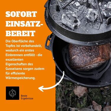 Набір Dutch Oven Petromax Feuertopf ft9-t: чавунний казан 7,5 л з плоским дном, підставкою, піднімачем кришки, пастою для догляду та скребком для гриля та відкритого вогню