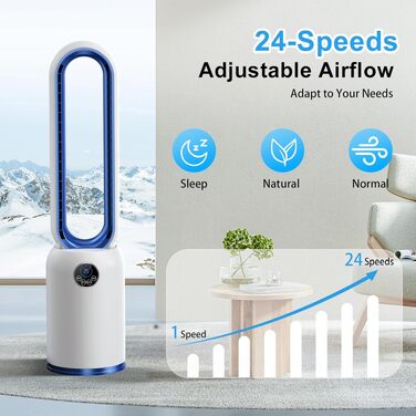 Безлопатевий вентилятор Turmventilator 88 см, з LED-дисплеєм, пультом, таймером 12 год, 90° осциляція для спальні/офісу (синій)