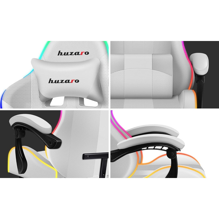 Ігрове крісло Huzaro Force 4.7, офісне, до 140 кг, RGB, біле, з підлокітниками, підставкою для ніг, подушкою для шиї та попереку, дихаюча сітка