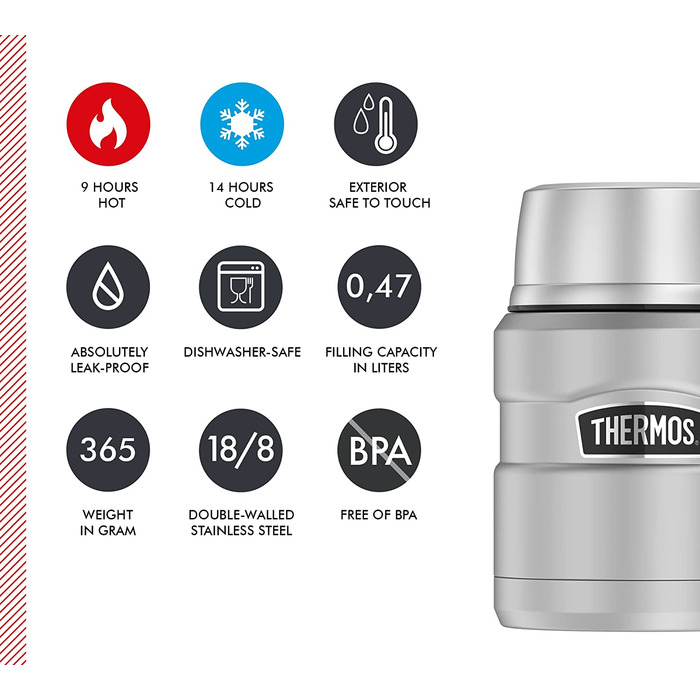 Термос для їжі Thermos Stainless King 470 мл з ложкою, нержавіюча сталь, тримає тепло 9 годин/холод 14 годин, герметичний контейнер для супу, каші, страв