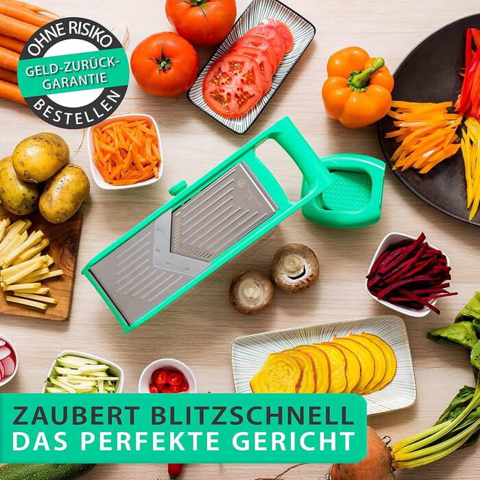 Овочерізка терка з нержавіючої сталі Freegreen Germany з V-подібним лезом та контейнером для збору, з тримачем для овочів