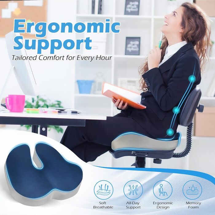 Подушка ортопедична для офісного крісла Lofty Aim з піни Memory Foam: підтримка попереку, куприка, зняття болю, для офісу, авто, літака, інвалідного візка – чорний, синій та сірий