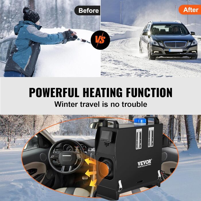 Дизельний обігрівач VEVOR 8 кВт, 12/24V, портативний, з Bluetooth, пультом та LCD-екраном, 5л бак для вантажівок/автобусів/кемперів (чорний)