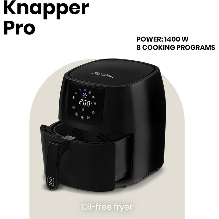 Аерофритюрниця ZEEGMA Knapper Pro Turbo 1400 Вт, 4,5 л, тефлонове покриття, 8 програм, швидке та здорове приготування, чорна