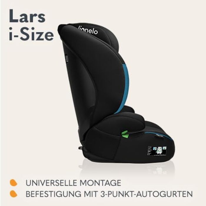 Автокрісло Lionelo Lars I-Size для дітей 100-150 см, група 2/3, боковий захист, регулювання підголівника, зручні підлокітники, знімна спинка (зелений туркіс)