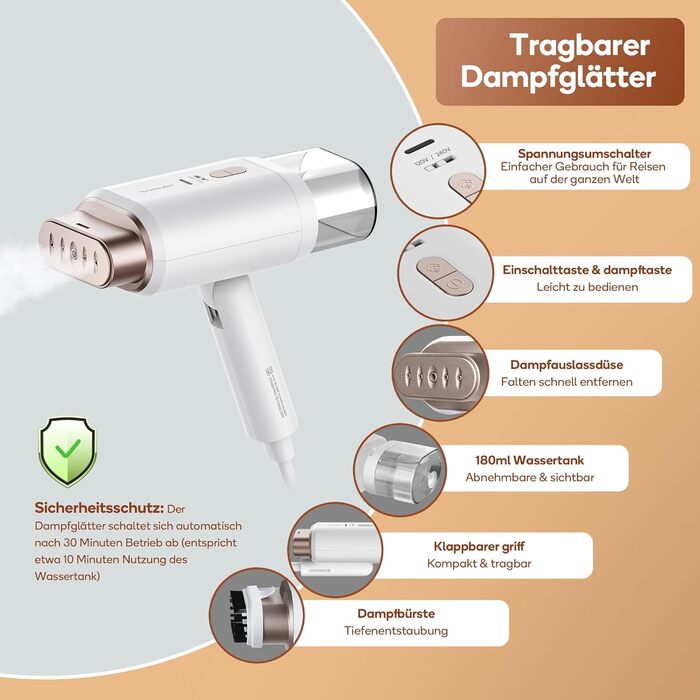 Newbealer парова праска-стимер для одягу, дорожня, складна, швидкий нагрів 20 сек, подвійна напруга 220В/120В, біла