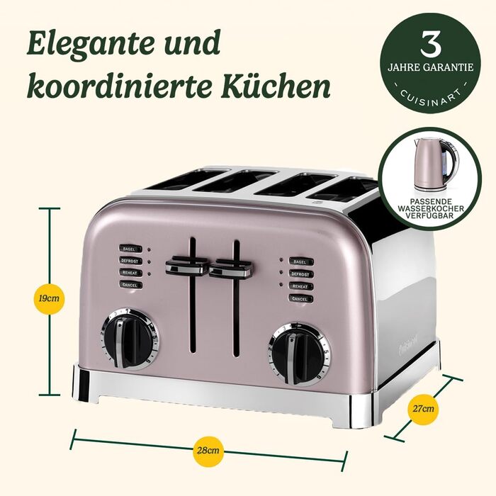 Тостер Cuisinart на 4 скибки, широкі слоти, для товстого хліба та бейгелів, 6 режимів підсмажування, функція розморожування, підйомний важіль, рожевий колір