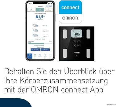 OMRON VIVA – розумні ваги-аналізатор складу тіла з Bluetooth, додатком, вимірюванням жиру, ваги, вісцерального жиру, м’язової маси, базального метаболізму та ІМТ; для 4 користувачів, тонометр з Bluetooth; рейтинг 'Добре' 10/24 від Stiftung Warentest
