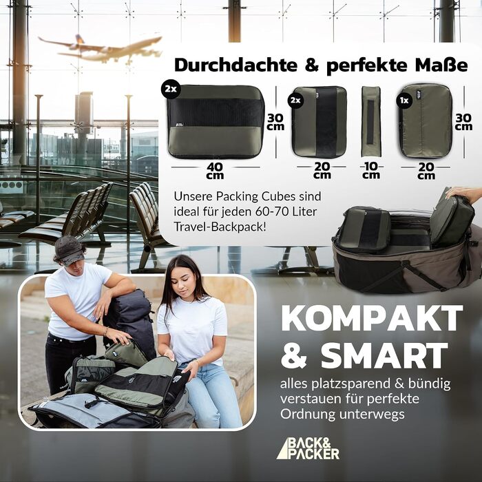 Набір компресійних органайзерів для одягу BACK&PACKER® (6 предметів), дорожні пакувальні куби з переробленого матеріалу для валізи та рюкзака, включаючи мішок для вологих речей (Оливковий, стандартний набір)