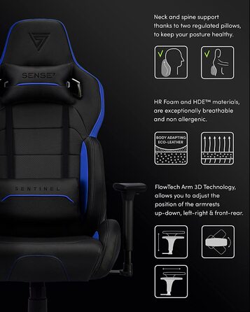 Ігрове крісло SENSE7 Sentinel, ергономічний геймерський стілець з регульованою поперековою підтримкою, нахилом спинки, механізмом гойдання, PU-шкіра, до 150 кг, чорний-синій