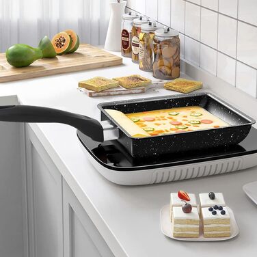 Японська омлетниця Tamagoyaki, прямокутна антипригарна сковорода для яєць з силіконовою лопаткою та 2 формами для яєць, для індукційної та газової плити, кухонне приладдя