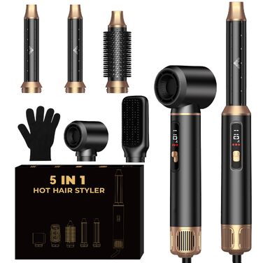 UKLISS 6-в-1 Hairstyler: Фен-щітка з автообертанням, фен, кругла щітка для волосся, набір для укладки (Чорний)