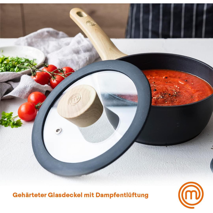 Каструля MasterChef 18 см з кришкою, алюмінієва, індукційна, антипригарна, чорна, дерев'яна ручка, для пасти та супу, підходить для всіх плит, набір каструль і сковорідок, колекція Natural