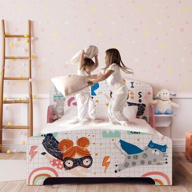 Дитяче ліжко Relaxdays 60x94x143 см, з бортиком і полицею, супергеройський дизайн, кольорове, з МДФ