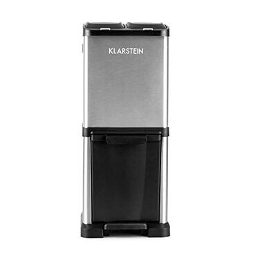 Сортувальний сміттєвий бак Klarstein Ökosystem² 30 л, 3 відсіки, педальний, для роздільного збору, турбова конструкція, нержавійка, сріблясто-чорний