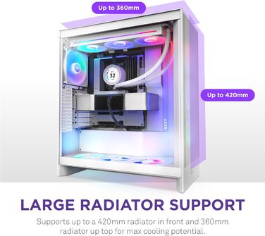 Корпус NZXT H7 Flow RGB білого кольору, Mid-Tower ATX з ефективною вентиляцією, комплектується RGB-вентиляторами, підтримка підлогових вентиляторів для прямого охолодження GPU, сумісний з 360 мм вентиляторами у єдиній рамі