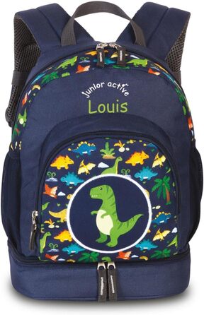 Дитячий іменний рюкзак minimutz Junior Active Dino для хлопчиків і дівчаток, темно-синій, персоналізований з іменем, для прогулянок та подорожей