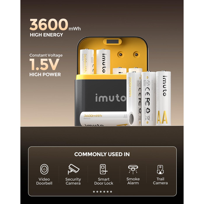 Набір акумуляторів imuto AA 1.5V 3600mWh (8 шт.) з LED зарядним пристроєм для швидкого заряджання, для цифрових камер, іграшок та електроніки