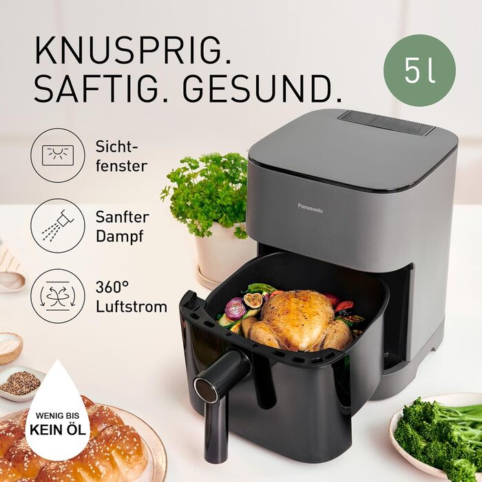 Фритюрниця повітряна Panasonic NF-CC500SXE, 5 л, з вікном, 80–200 °C, 11 програм, LCD-дисплей, покриття антипригарне, сірий матовий, ETM Award 2024