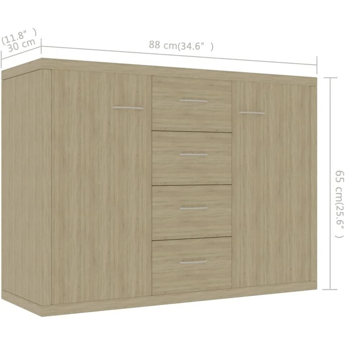 Комод vidaXL з 4 шухлядами та 2 дверцятами, дуб Сонома, 88x30x65 см, багатофункціональна шафа для вітальні, ДСП