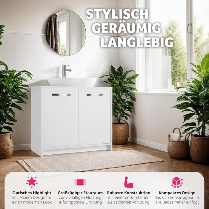 Шафа під умивальник tectake, білий меблевий тумба для ванної та WC, шафа під раковину, тумба для умивальника, меблі для ванної кімнати
