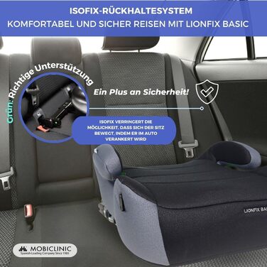 Дитяче автокрісло Mobiclinic Kids Lionfix Basic I-Size 125-150 см з IsoFix, знімний і праний чохол, підлокітники, текстильна оббивка, стандарт R129, європейський бренд