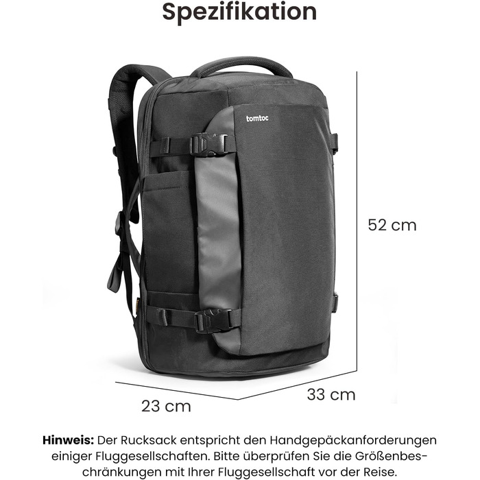 Дорожній рюкзак tomtoc 40L Reiserucksack для ручної поклажі, TSA-сумісний, чорний