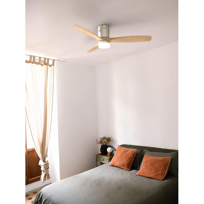 Вентилятор стельовий з підсвічуванням Windcalm Deckenventilator ABS, 132 см, пульт, DC-мотор, нікель/світле дерево