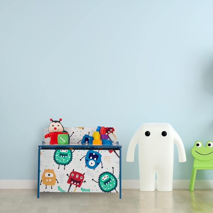 Скриня для іграшок Relaxdays у вигляді монстра, з кришкою, 50x60x36,5 см, МДФ, ігровий ящик синьо-білий