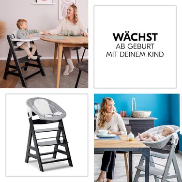 Високий стільчик для годування Hauck Alpha+ Newborn Set - з 2в1 гойдалкою. Дерев'яний стільчик для немовлят від народження, з м'якою подушкою та вкладишем для новонароджених (Classic, Чорний)