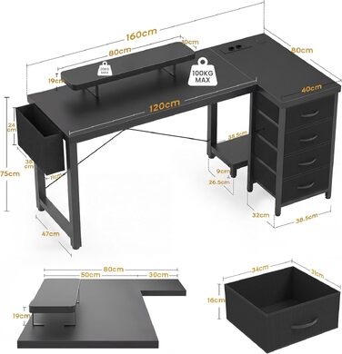 Кутовий комп'ютерний стіл Claiks з 4 ящиками та USB-роз'ємом, 140x80 см. Офісний стіл L-подібної форми з полицею для монітора (Чорний, 160x80 см)