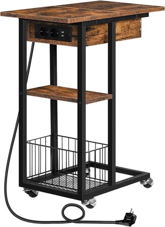 HOOBRO приліжковий столик з зарядною станцією, С-подібний журнальний столик на колесах з полицею, темно-коричневий + чорний, для вітальні та спальні