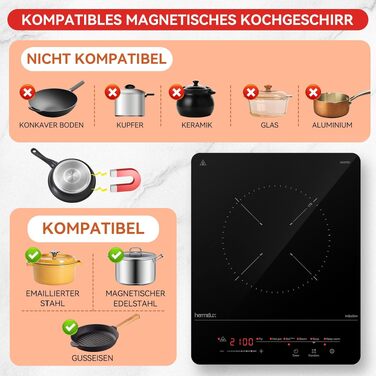 Індукційна плита Hermitlux 2100W з сенсорним керуванням, 9 рівнів потужності, таймер, захист від перегріву та дітей. Для дому, кемпінгу, подорожей.