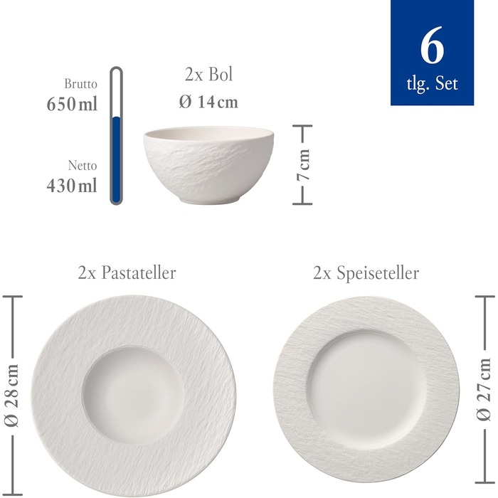 Villeroy & Boch Manufacture Rock Blanc набір посуду 6 предметів, білий, преміум порцеляна, сучасний дизайн, для сервірування, можна мити в посудомийній машині та використовувати в мікрохвильовці: тарілки, паста-тарілки, миски для мюслі, стартовий набір