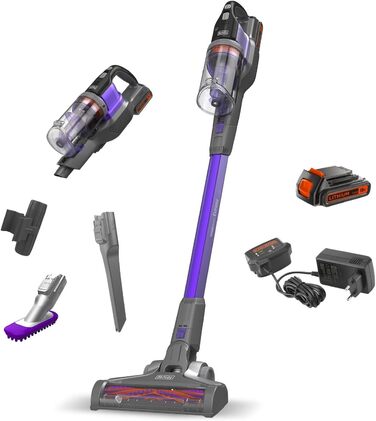 Пилосос Black+Decker 4-в-1 акумуляторний для прибирання шерсті тварин, 18В, 2.0Аг, безмішковий, ручний і вертикальний, електрощітка для шерсті, насадка для щілин, зарядний пристрій та настінне кріплення, модель BHFEV182CP 2019 року