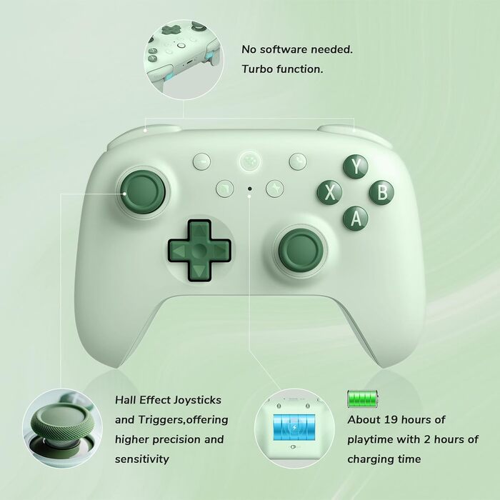 8BitDo Ultimate 2C: Бездротовий контролер для ПК Windows та Android, 1000 Гц, Hall-ефект, Turbofunktion (Зелений)