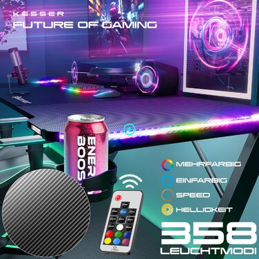 Ігровий стіл KESSER® LED 160x60 см з Z-подібною формою | З кріпленням для навушників та вуглецевим покриттям | Ергономічний стіл для ПК | Чорний, з тримачем для напоїв