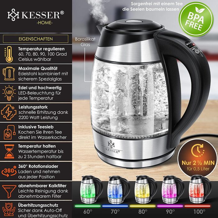 Електричний чайник KESSER 1,8л зі скляним корпусом та нержавіючої сталі, LED-підсвіткою, вибором температури (60-100°C), функцією підігріву, фільтром від накипу та ситечком для чаю, чорний/сріблястий