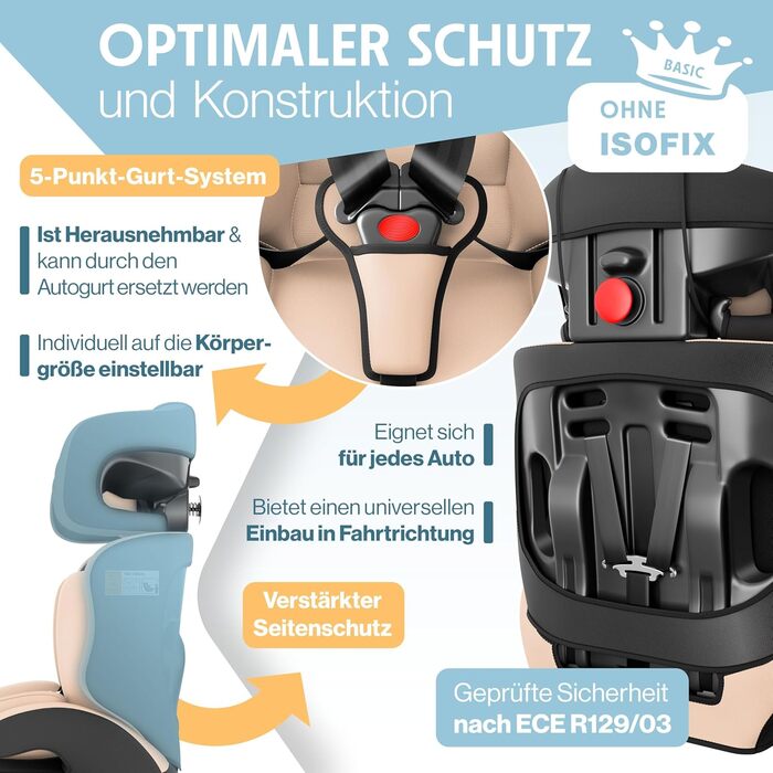Автокрісло KIDIZ i-Size R129 100-150 см для дітей до 12 років, група 1/2/3 без Isofix, бежеве