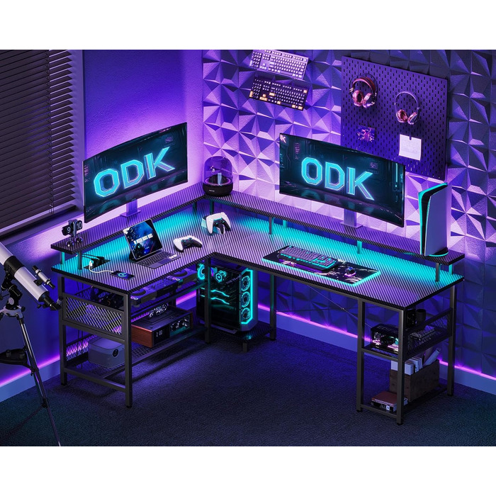 Ігровий стіл ODK з LED-підсвіткою, реверсивний кутовий комп'ютерний стіл 168×120 см, з 2 розетками, 2 USB-портами, мережева полиця, карбон, чорний