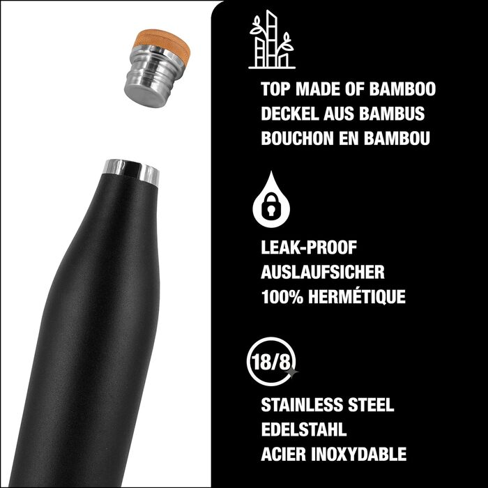 Термобутилка SIGG Meridian 0,5 л, нержавіюча сталь, бамбукова кришка, ізольована, чорна, BPA-free, без пластику, герметична