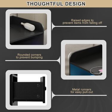 Приліжкові тумбочки WOLTU з LED-підсвіткою, USB та розетками, комплект 2 шт., з шухлядами і відкритою полицею, для спальні, чорні