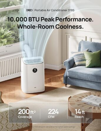 Мобільний кондиціонер DREO AC319S 8000 BTU (3-в-1: охолодження, вентиляція, осушення) з керуванням через додаток, голосове керування, без дренажу, комплект для вікна, білий