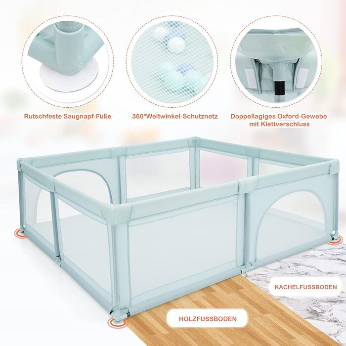 Дитячий манеж COSTWAY 206x185,5 см з 50 ігровими кульками, дихаючою сіткою та двома дверцятами, манеж-загородка для немовлят і дітей, синій