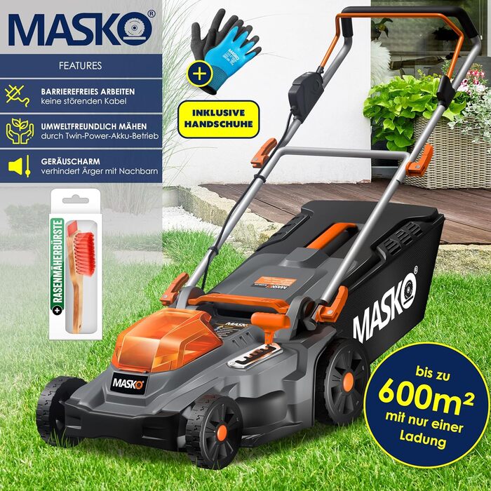 Акумуляторний газонокосарка MASKO з функцією мульчування, 2 акумулятори Li-Ion 4Ah, подвійний зарядний пристрій, триммер, ширина косіння 37 см, 6 положень висоти, кошик 40 л, площа до 600 м², в комплекті рукавички та щітка (ширина косіння 43 см, чорний/по